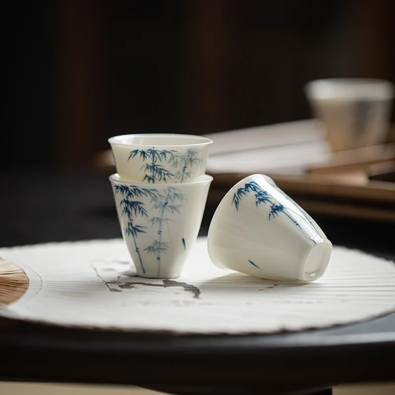160ml Jade Clay White Porcelain Hand-painted Blue and White Bamboo Gaiwan Chinese Style Simple Tea Making Bowl