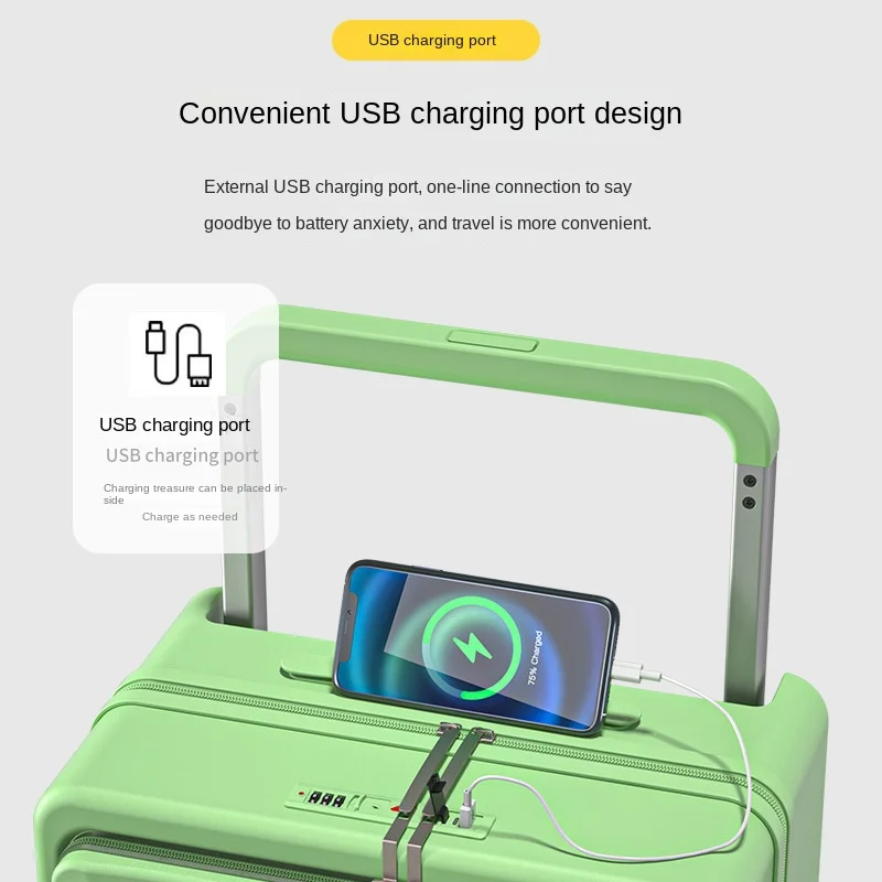 New product Front opening Wide pull rod Multifunctional USB charging permitted to both men and women travel suitcase with wheels