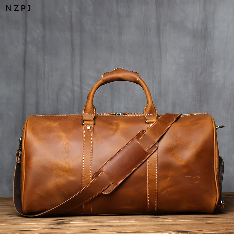 NZPJ Vintage Genuine Leather Men's Travel Bag Original Natural Cowhide Handbag Crazy Horse Leather Crossbody Bag Computer Bag