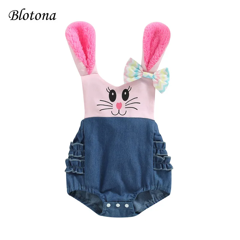 

Blotona Easter Infant Baby Girls Romper Cartoon Print Patchwork Rabbit Ears Bow Sleeveless Backless Frills Bodysuit, 0-24Months