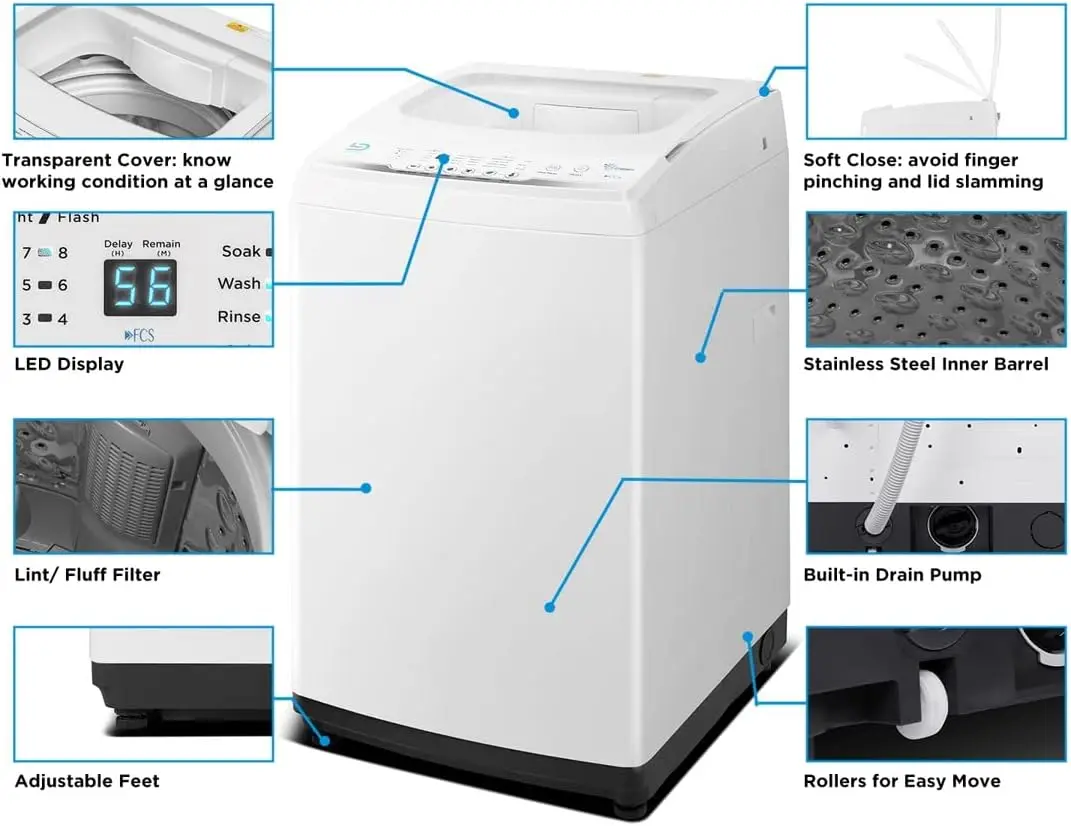 Portable Washing Machine 2.0 Cu.Ft. Compact Washer with Fast Cleaning System 8 Automatic Washing Programs LED Display