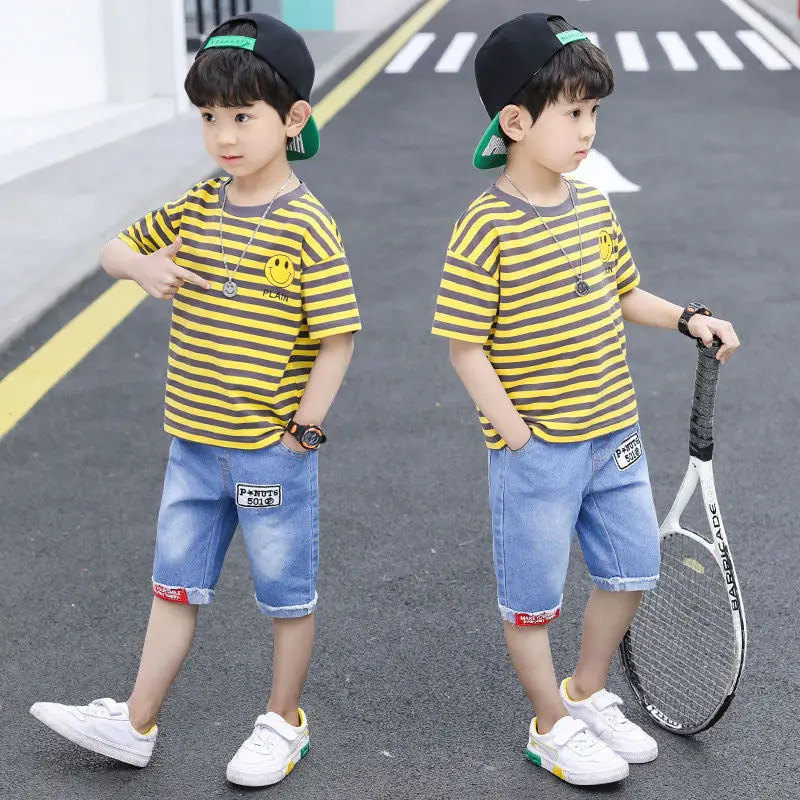 

2023 New Summer Boys Clothes Sport Suit Set Fashion Casual Short Sleeve O-neck Children's Clothing Set 2 pieces T-Shirt + Jeans
