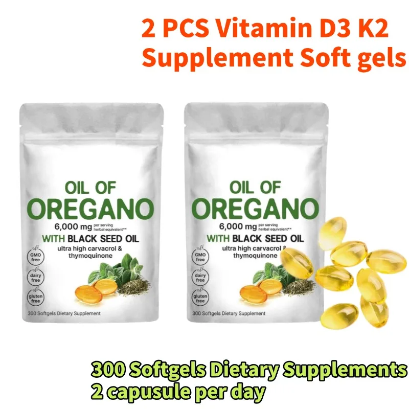 2pcs Oil Of Oregano Vitamin D3+K2 Supplement Soft Gels 6,000 Mg 300 Softgels Dietary Supplement