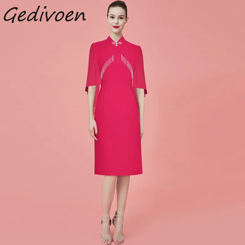 

Gedivoen Summer Fashion Runway Elegant Buttock Covering Dress Women's Butterfly Sleeve Nail Bead Button Tassel Party Midi Dress