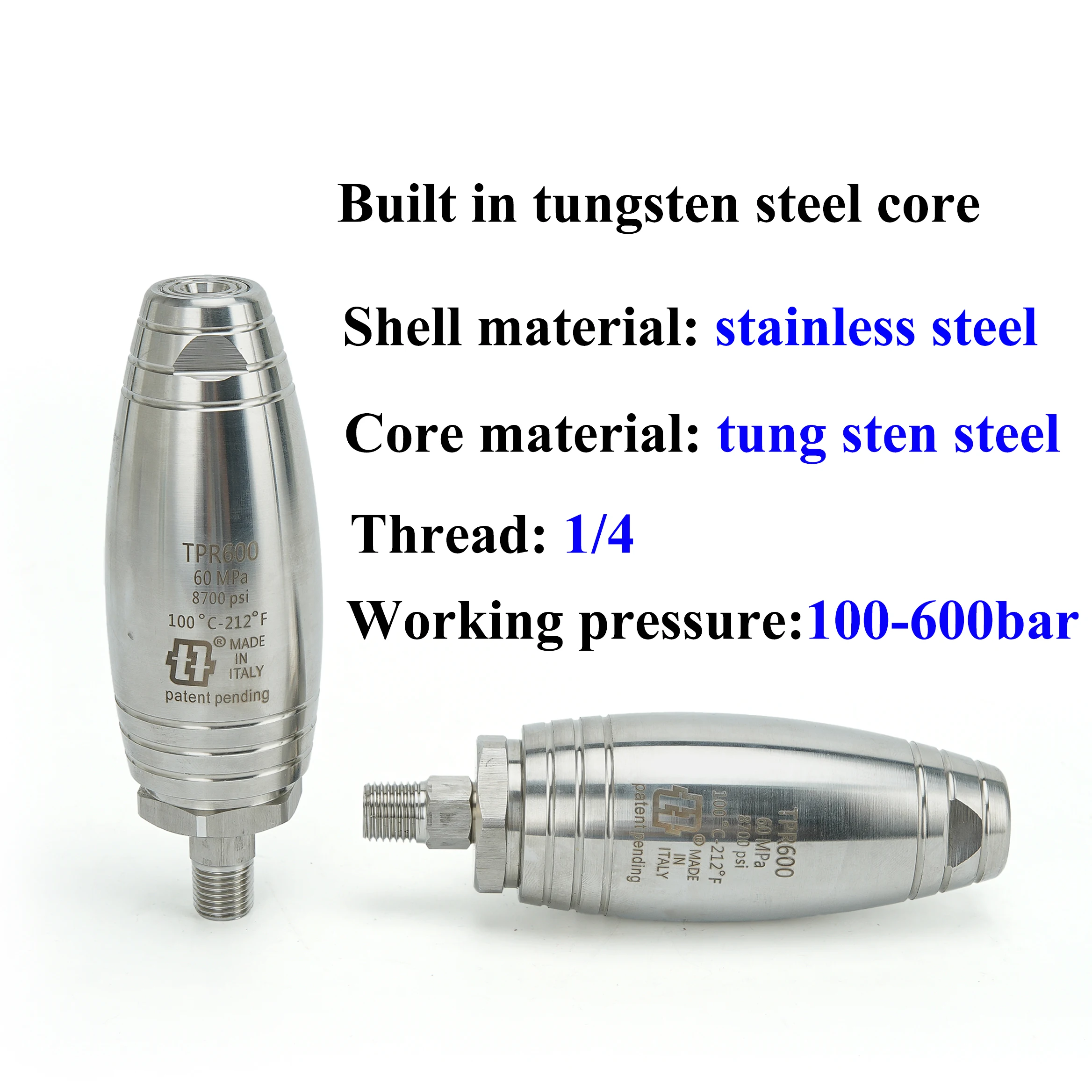 High-pressure Full Stainless Steel Rotating Nozzle 500/600 bar Turbo Tungsten Carbide 1/4 BSP Quick Connection 8700 PSI,60Mpa