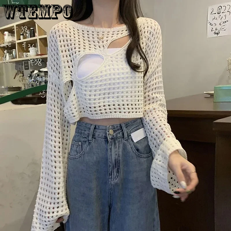 

WTEMPO Chic Knitted Cropped Tops Y2K Women Smock Korean Fashion Hollow Out Loose O-Neck Long Sleeve Sweater Pullovers Knitwear