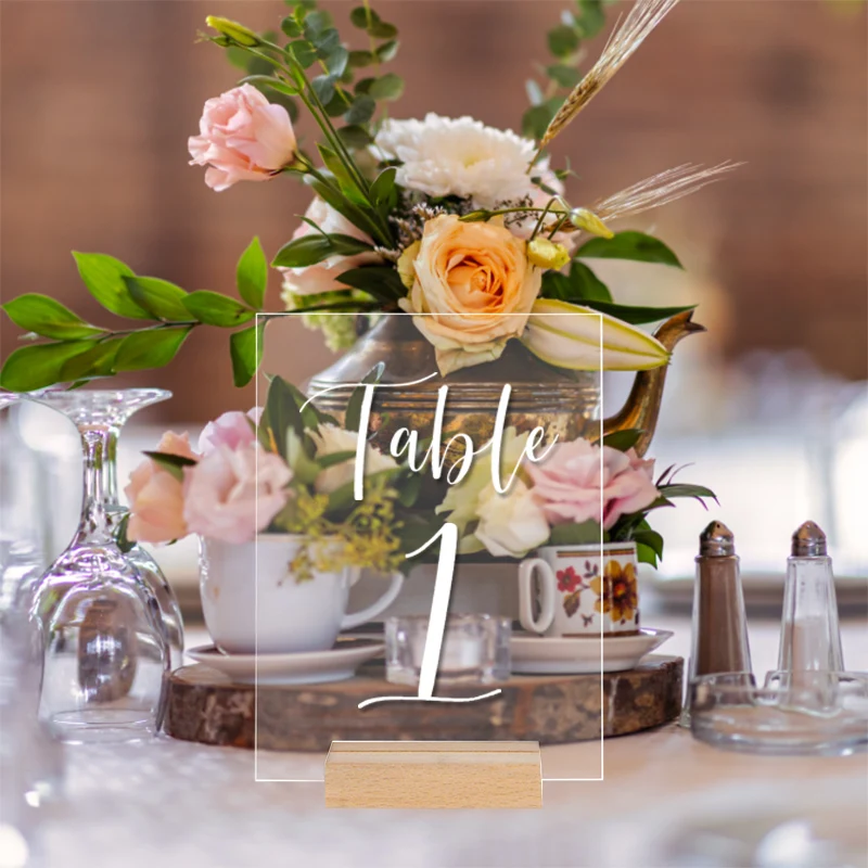 Description Picture 4 of item10Pcs Acrylic Wedding Table Number Sign DIY Blank Clear Display Signs with Wooden Base for Wedding Party Event Table Decoration