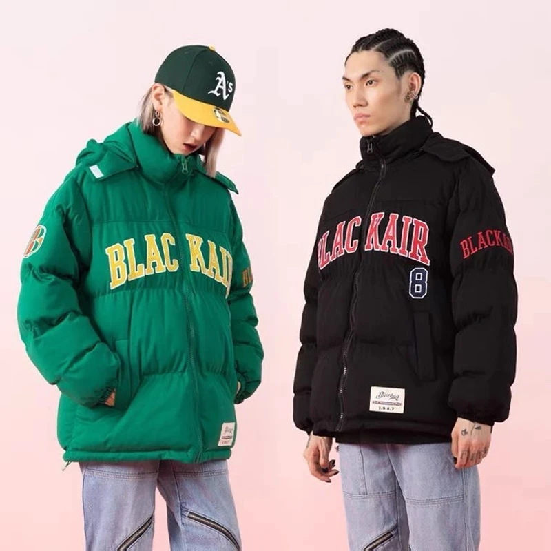 Vintage Streetwear Hooded Parkas Mens Hip Hop Letter Embroidery Down Padded Jacket Winter Thicken Warm Cotton Loose Coats Unisex
