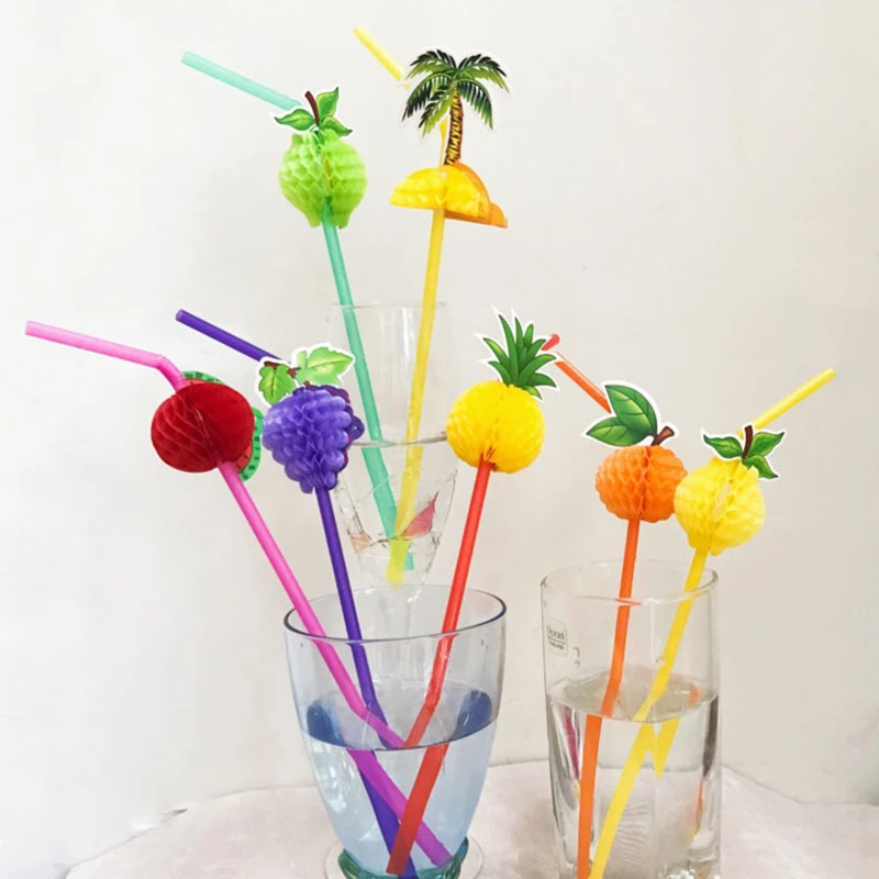 50pcs/lot 23cm 3D Fruit Cocktail Paper Straws Umbrella Drinking Straws Party Bar Decoration Party Supplies Color Assorted