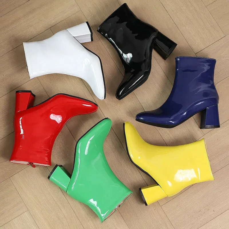 

Big Size 48 49 50 Patent PU Leather Green Yellow Winter Shoes For Women Shiny Square Chunky High Heels Warm Ankle Chelsea Boots