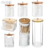 Acrylic Storage Box Bathroom Jar Makeup Organizer Cotton Round Pad Holder Cotton Holder Dispenser with Bamboo Lid Clear Plastic 1