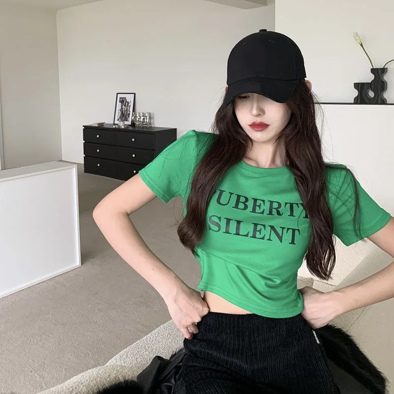 

Printed Letter Short Sleeve Women Spring/Summer Laydown Solid Shirt Puberty Silent Black Casual T-shirt O-Neck Simplicity Tees