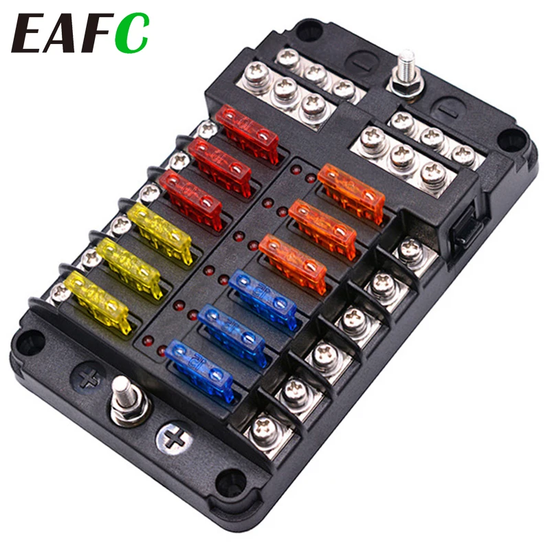 12-32V Car Fuse Box Holder M5 Stud With LED Indicator Light 6/12 Ways Blade Fuse Box Cover for Auto Car Boat Marine Trike