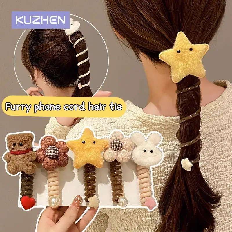 

Cartoon Bear Rabbit Telephone Wire Line Elasticity Rubber Band Elastic Hairbands Hair Rope For Kid Scrunchy Headbands Gum Spring