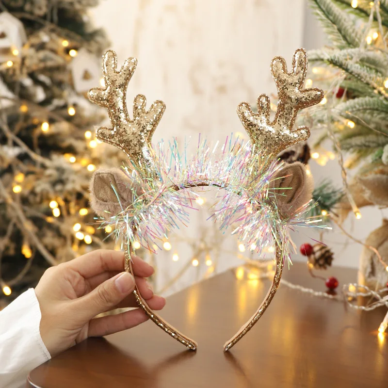 Christmas Hair Band Gold Red Elk Horn Bell Headband Merry Christmas Gifts For Kids Happy Party Decor Sequined Headwear for Girls
