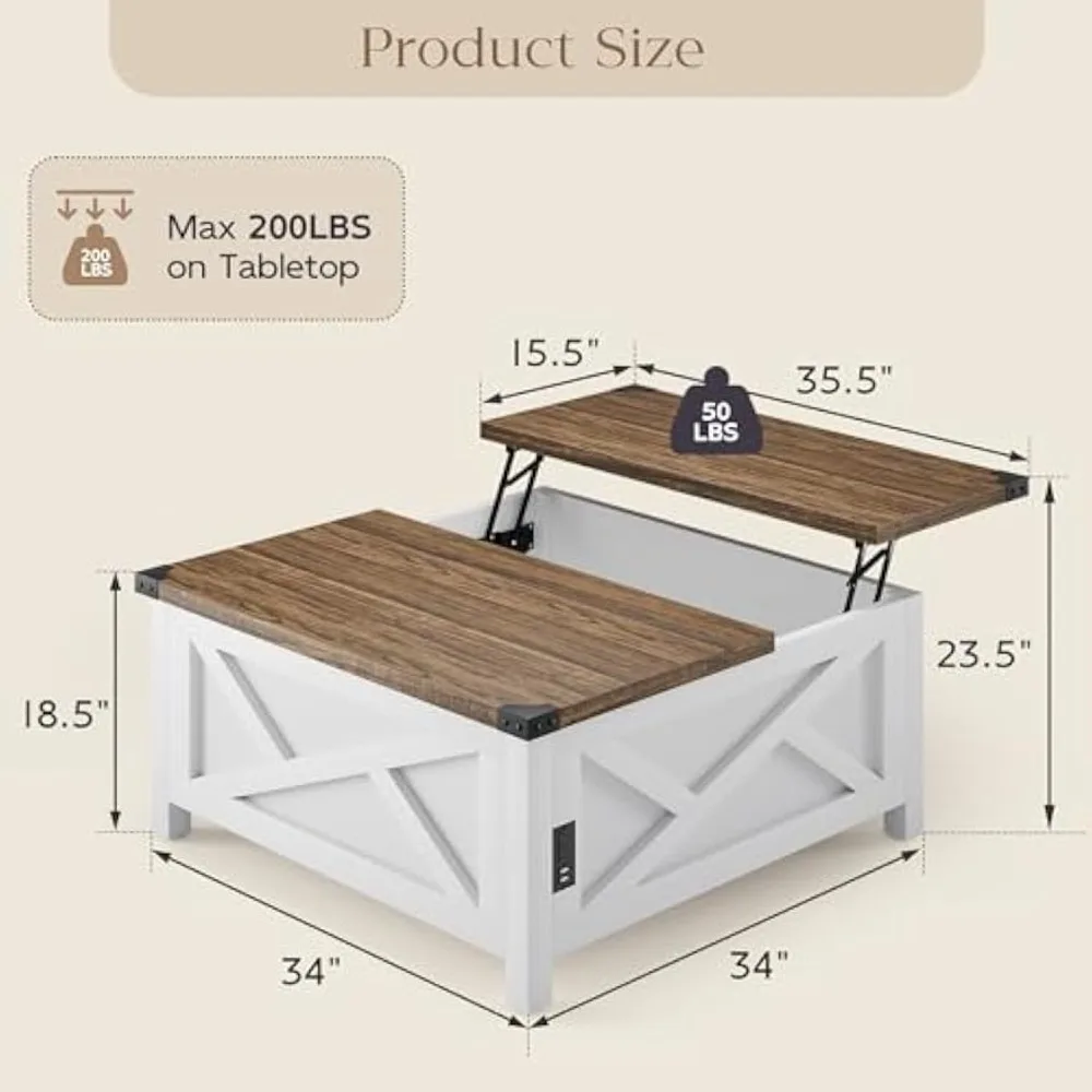 Lift Top Coffee Table, Square Coffee Table with Hidden Storage, Farmhouse Wood Table with Charging Station and Barn Door for Li 2