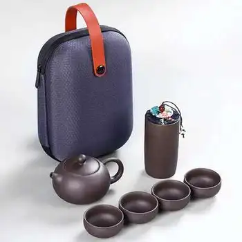 Tazze da tè con sabbia viola Set da teiera portatile in ceramica da viaggio all'aperto Tazze da tè Gaiwan della cerimonia del tè Tazza da tè Regalo raffinato Set da tè Kung Fu 1