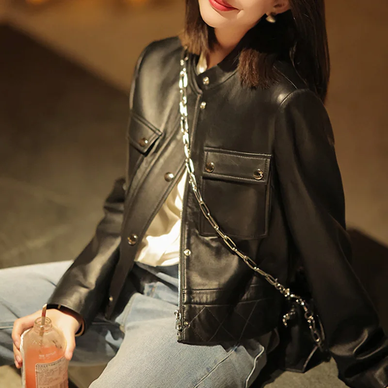 

2023 Spring Genuine Leather Jacket Women Fashion Real Sheepskin Coat Rivet Motorcycle Biker Jacket Female Sheep Leather Coat CL4