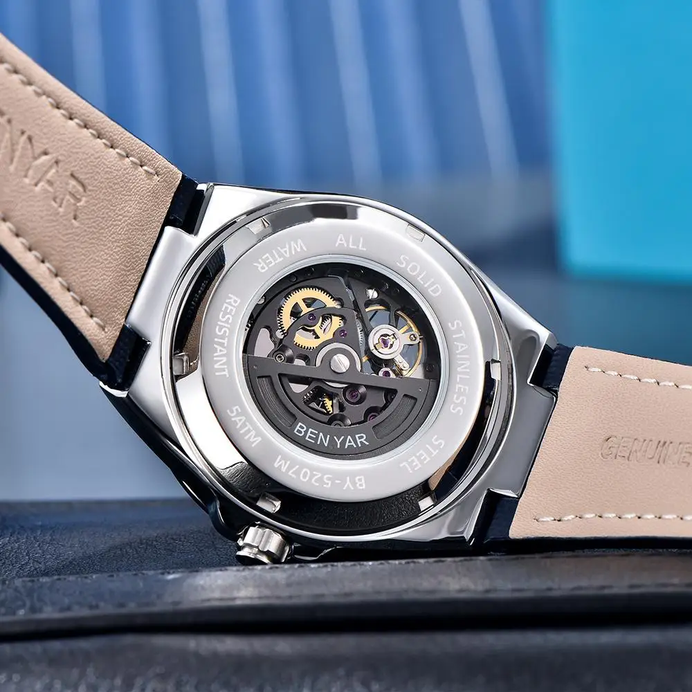 Benyar Skeleton Automatic mechanical wristwatch Fashion Classic Watch Alloy daily waterproof watch BY5207 Hombre reloj