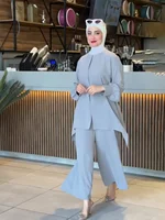 Ensemble Deux Pièces pour Femme Musulmane, Haut avec Ceinture, Pantalon à Jambes Larges, Trempé, Ramadan, Maroc, Dubaï, Islam, Décontracté, Tenue Arabe 3