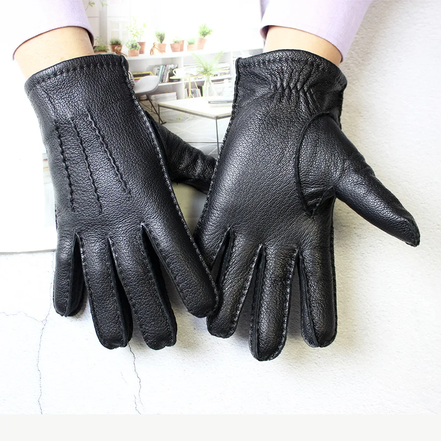Leather Deerskin Gloves Men's Wool Lining Hand Sewn Fashion Stripe Style Warm Autumn and Winter Brown Touch Screen Split Fingers,warm gloves,leather gloves,male gloves