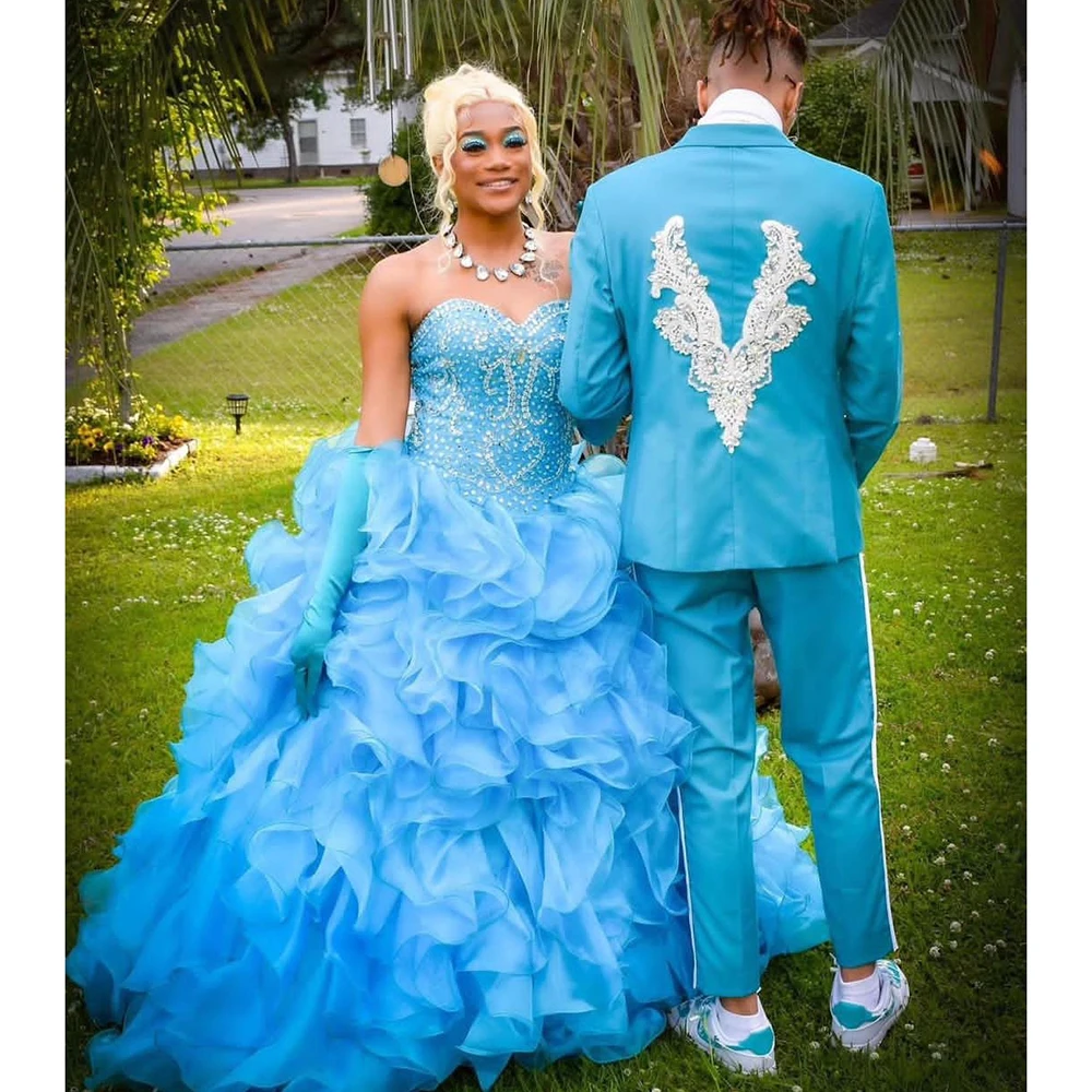 

Evening Dress Prom Party Blue Tulle Sweetheart Sleeveless Tiered Floor Length Crystal Formal Occasion Elegant Gowns For Women