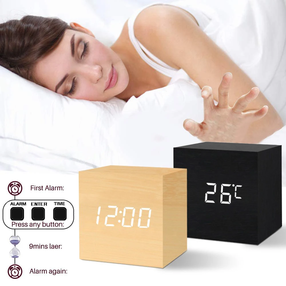 Wooden Digital Clock Multi-function LED Alarm Clock with Time/ Date/ Temperature Display and Voice Control for Home Office Trave 3