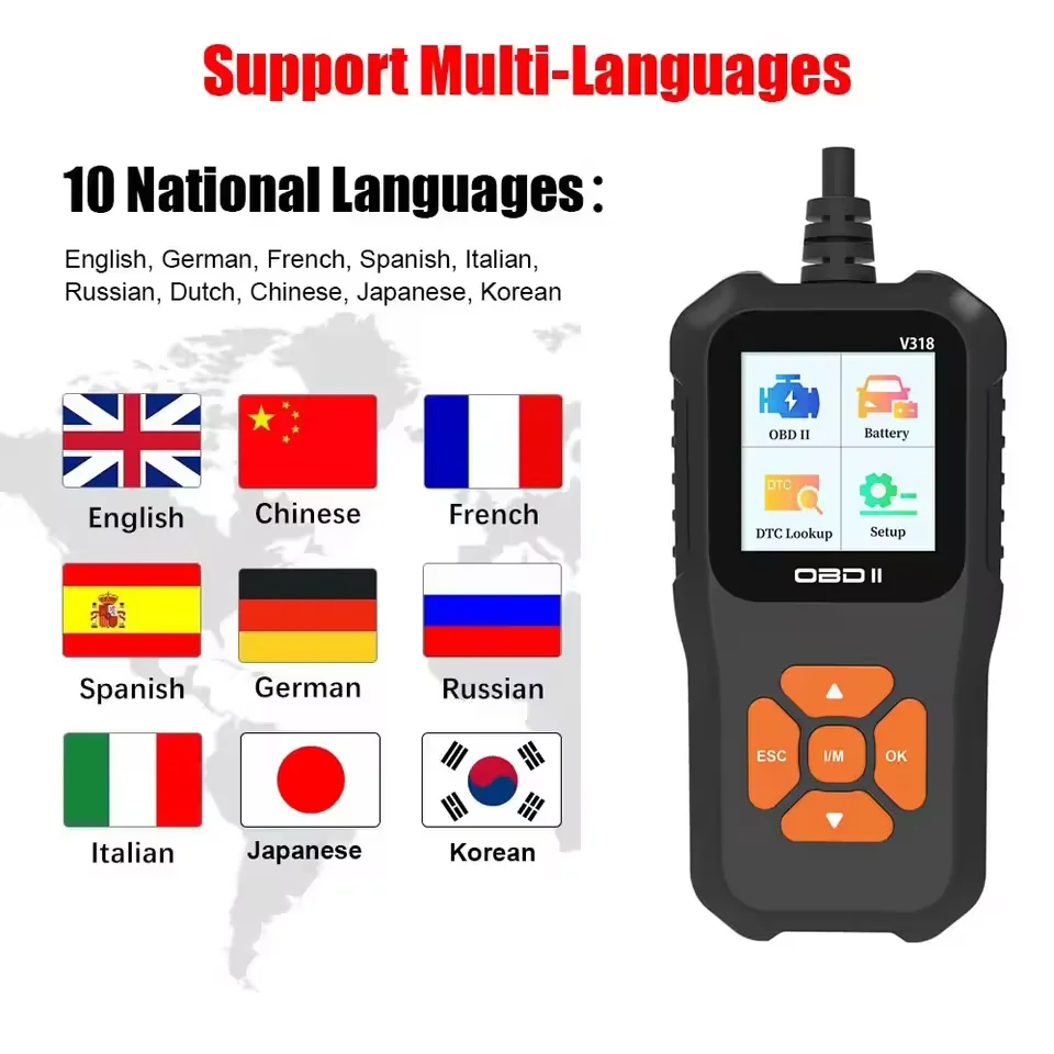 V318 Auto Diagnostic Tool Scanner Automobile Battery Tester OBD2 Automobile Clear Fault Detects Support Multiple Languages 3