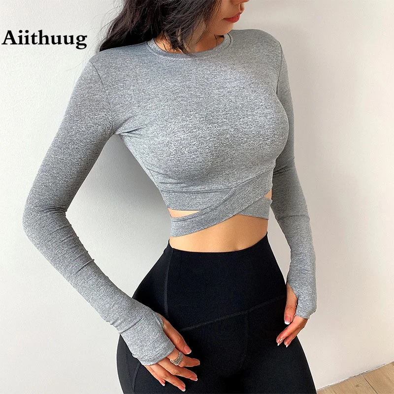 

Aiithuug Yoga Shirts Sexy Cross Waist Soft Slim Fit Yoga Tops Gym Shirt Workout Tops Women Fitness Active Wearing Crop Top