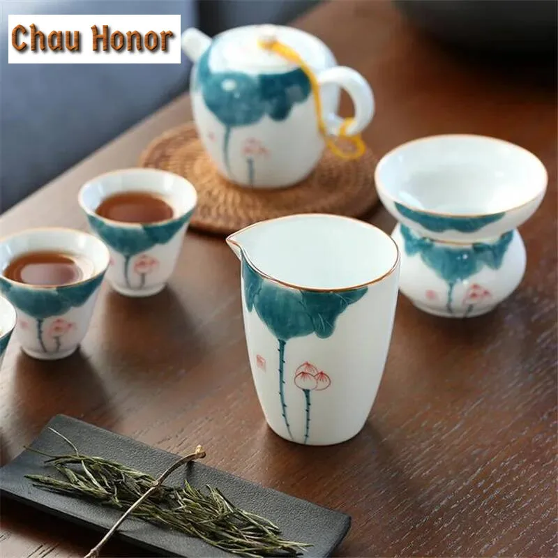Lotus Hand Painted Pottery Kiln Cha Hai Ceramic Tea Separate Tool Kung Fu Tea Set Pigmented Fair Cups Heat Resistant Tea Service