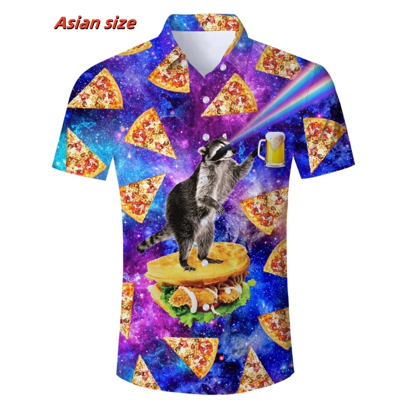 Hamburger pizza Graphic Beach Shirt for Men Colorful Cat Planet 3D Printed Hawaiian Shirts Summer Loose Short Sleeve Blouses casual short sleeved shirt short sleeved shirt hawaiian shirt