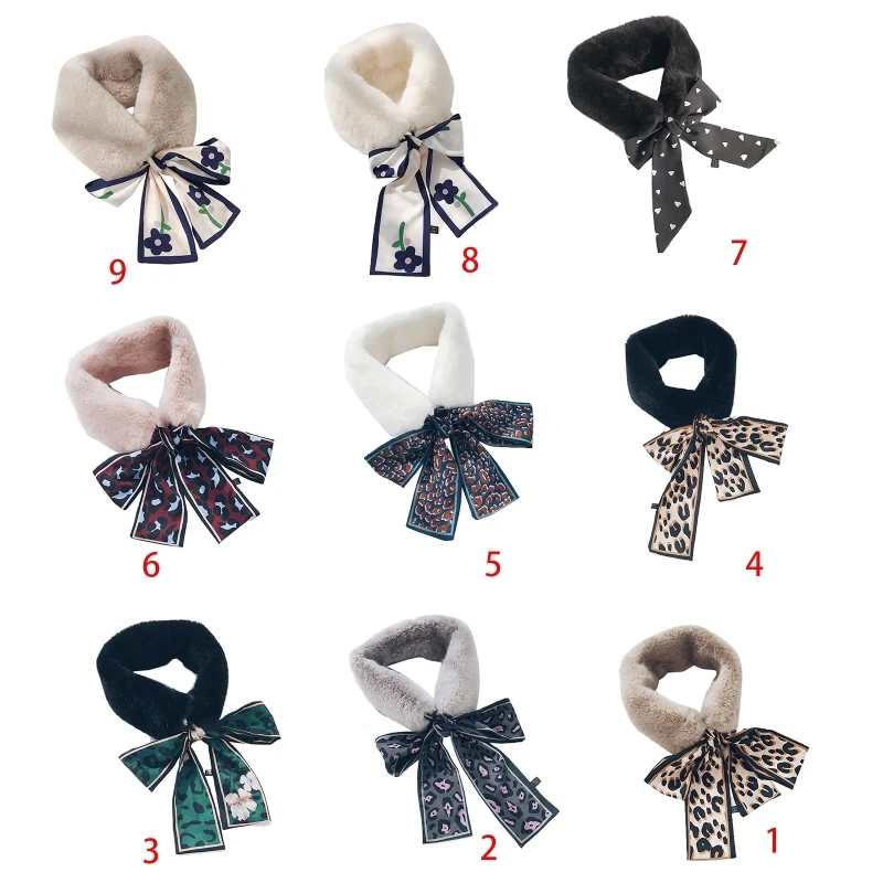 

Women Winter Fuzzy Plush for Infinity Collar Scarf with Leopard Floral Print Ribbon Windproof Neckerchief Warme