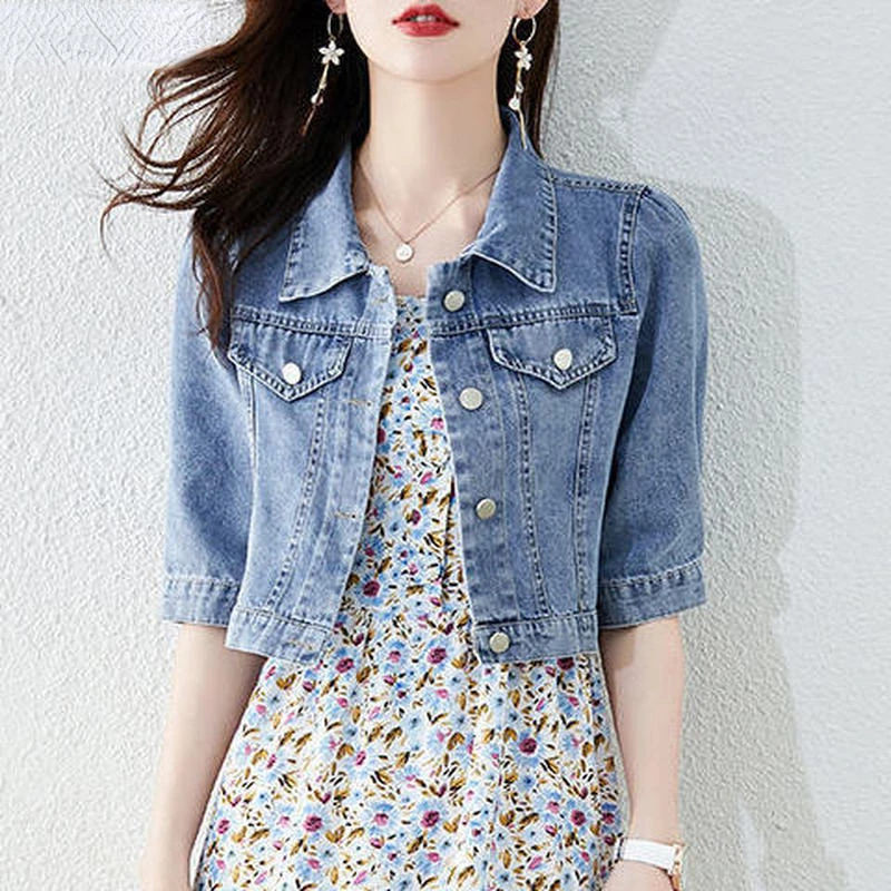 Women's Vintage Solid Crop Denim Jacket - Trendy Turn Down Collar Half Sleeve Outwear