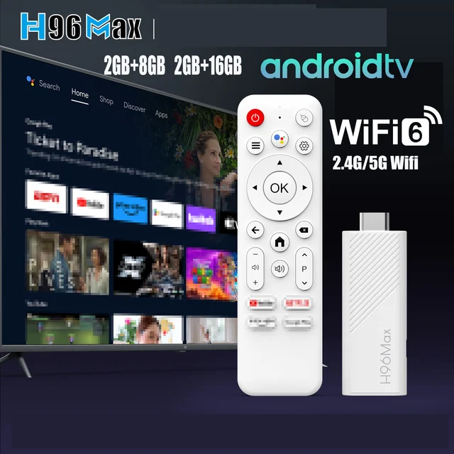H96 MAX Android TV Stick Allwinner H313 con Wifi 2.4G 5G Wifi6 Doppia marca 8GB 16GB 4K 3D HDR Goole Telecomando vocale DC 5V 2A 1