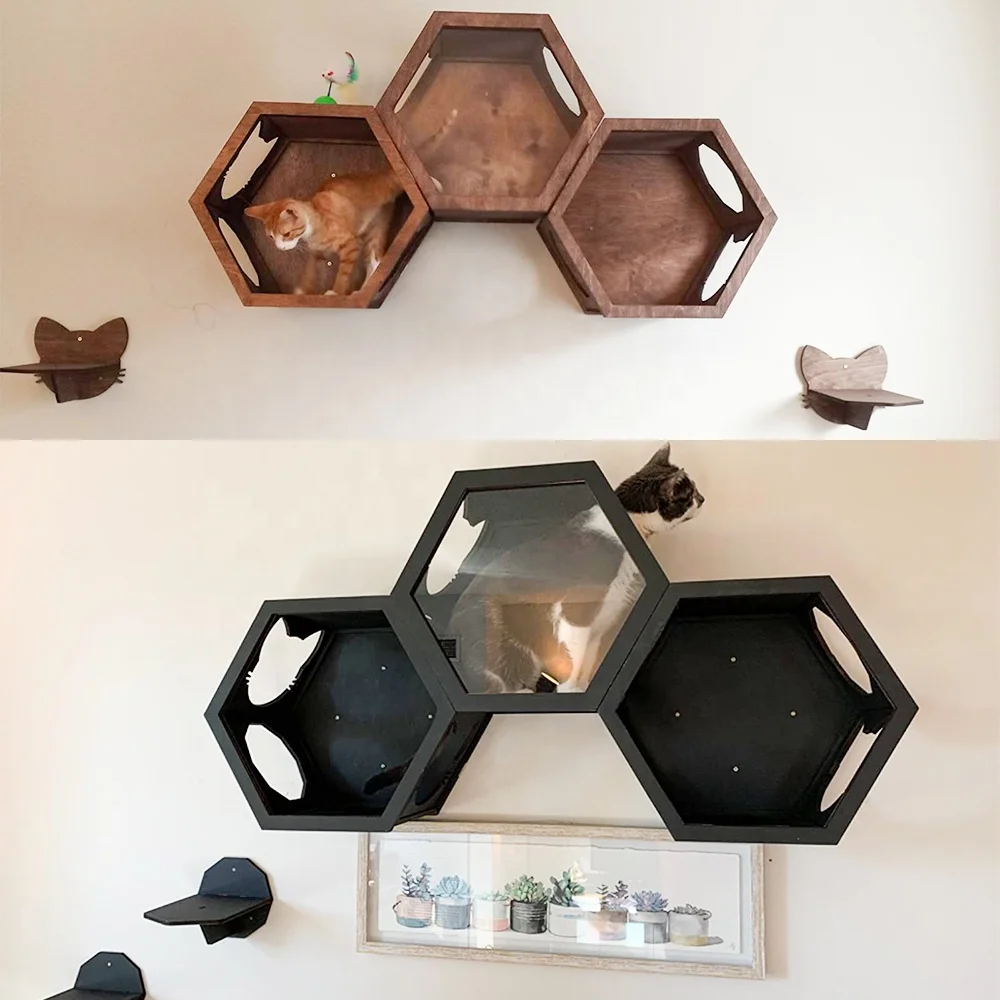 Acrylic Glass Window Cat Bed Furniture Wall Pet Toy Hexagon Cat Shelves Wood Climbing Shelf