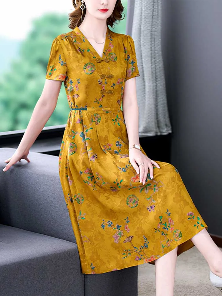 

Summer Floral Natural Silk V-Neck Midi Dress Women Fashion Elegant Bodycon Office Lady Dress 2023 Korean Vintage Casual Dresses