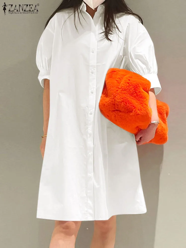 

Women Lapel Neck Puff Sleeve Shirt Dress 2023 ZANZEA Fashion Summer Oversize Solid Sundress Casual Party Knee-length Vestidos