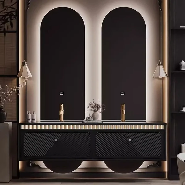 หรูหราสไตล์โรงแรมตู้ห้องน้ําอ่างล้างหน้าคู่ผสมแผ่นหินฝรั่งเศสอ่างล้างหน้าตู้ห้องน้ําอ่างล้างหน้า 1