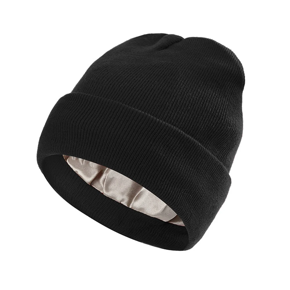 Damen Satin-gefütterte Wintermütze Seiden-Dicke Strickmütze Weiche Slouchy Skull Warme Kappe – Detail 6