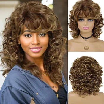 Parrucche sintetiche ricci corti per capelli spessi per donne nere Parrucca bionda mista soffice con frangia Parrucca retrò Costume quotidiano Festa di Halloween