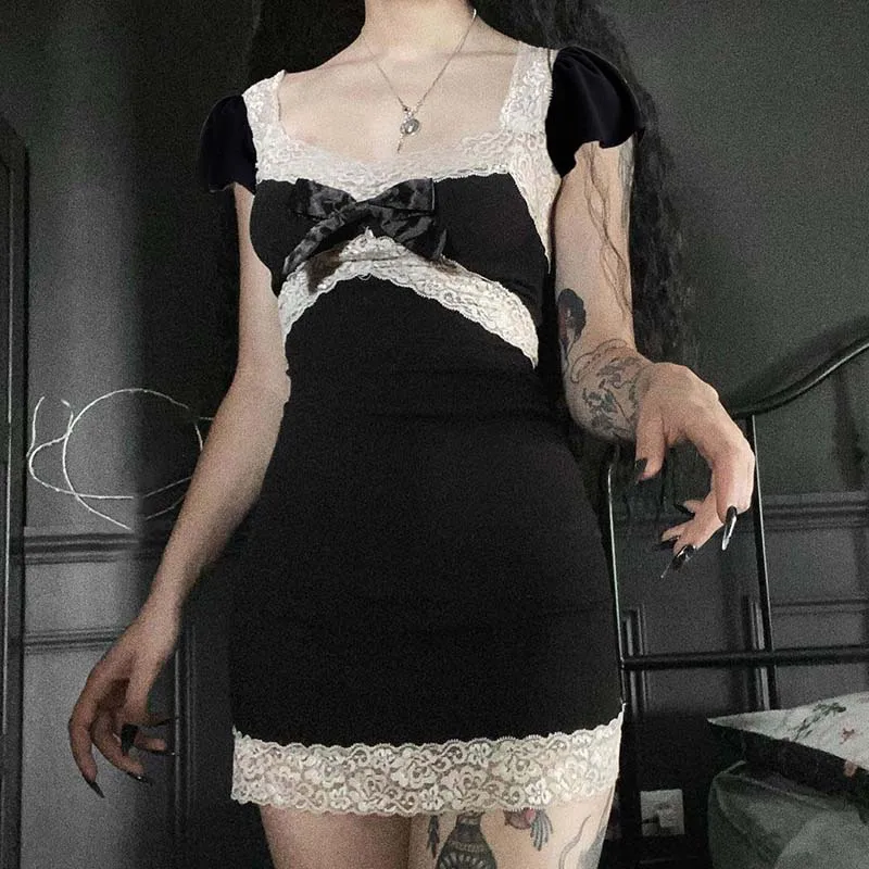 Abito In Pizzo Vintage Y2K - Mini Abito Con Scollo A V, Senza Maniche, Stile Harajuku - Marrone, Taglie S/M/L