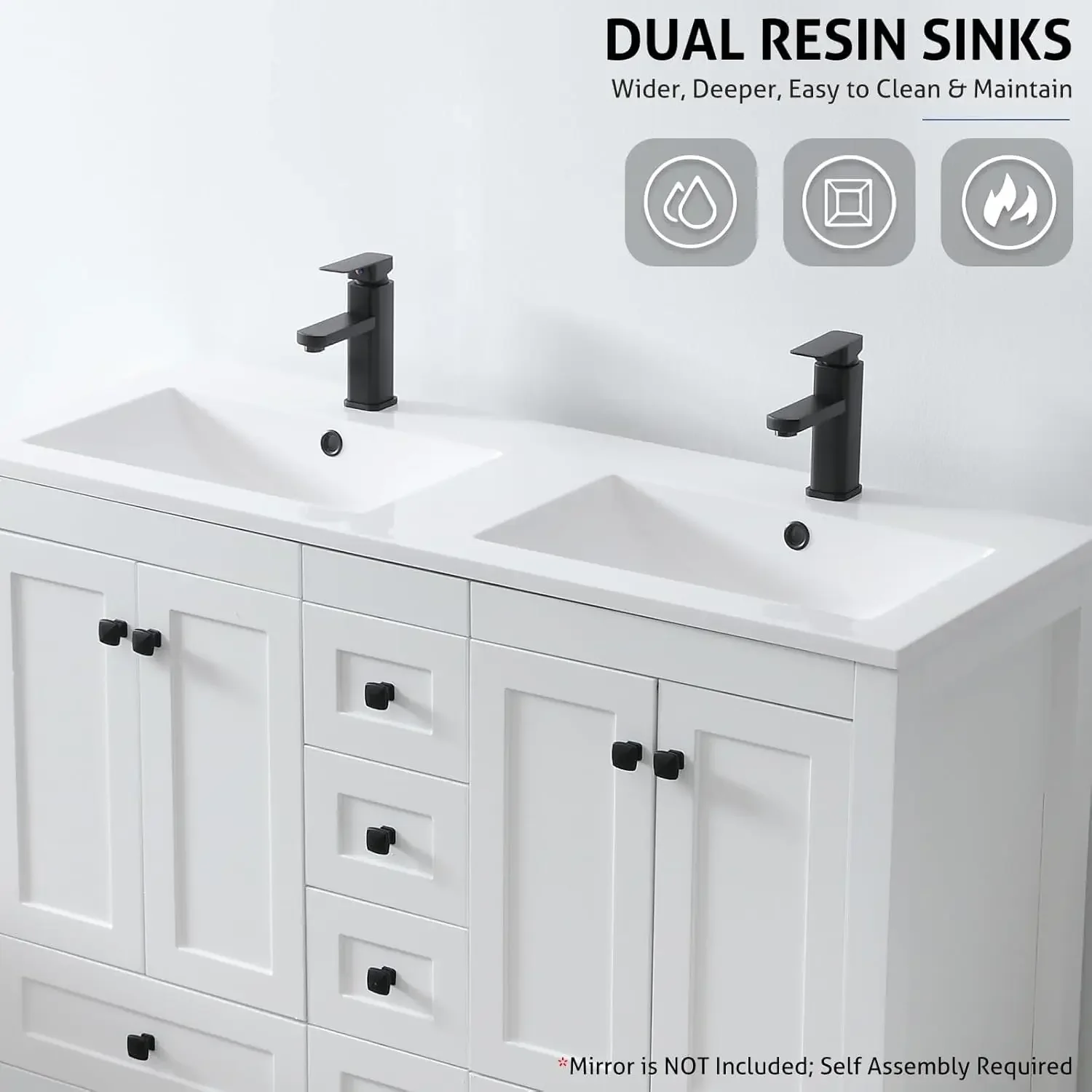 48" Bathroom Vanities Cabinet with Sink Combo Set, Undermount Double Resin Sink w/Thickened Wood, Matte Black Faucet, White 5