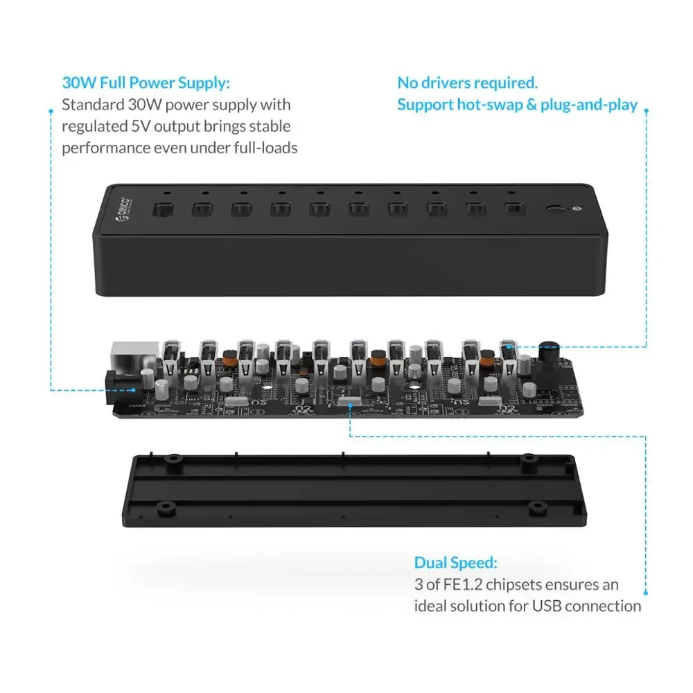Orico-alta Velocidade Usb Hub com 10 Portas Abs Usb 2.0 12v Adaptador de Energia Divisor para pc Acessórios de Computador Cabo de Dados 1m - Imagem 3
