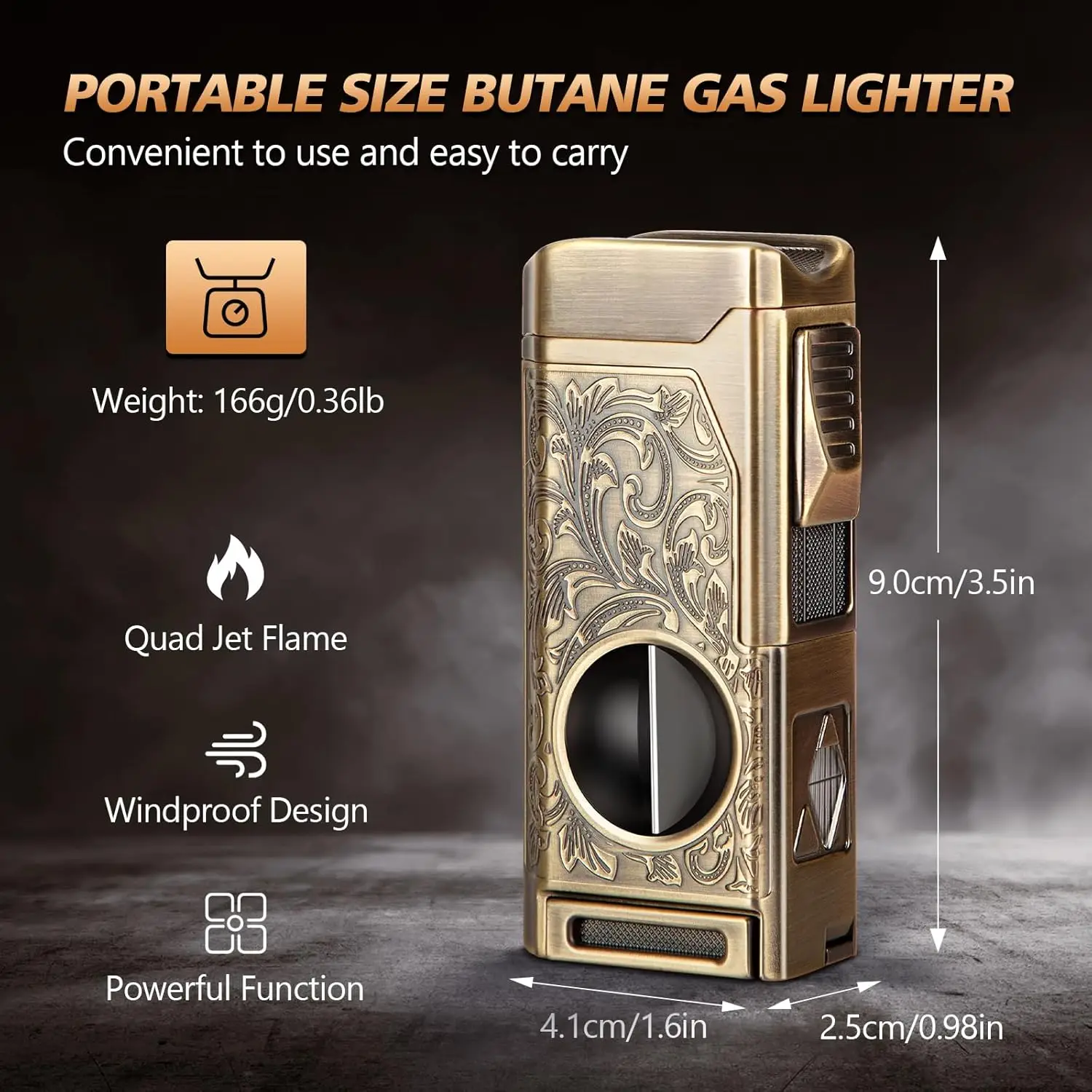 Cigar Lighter 4 Jet Flame Refillable Butane Lighter with Cigar Cutter V Cut Punch Holder Draw Enhancer butane gas lighter