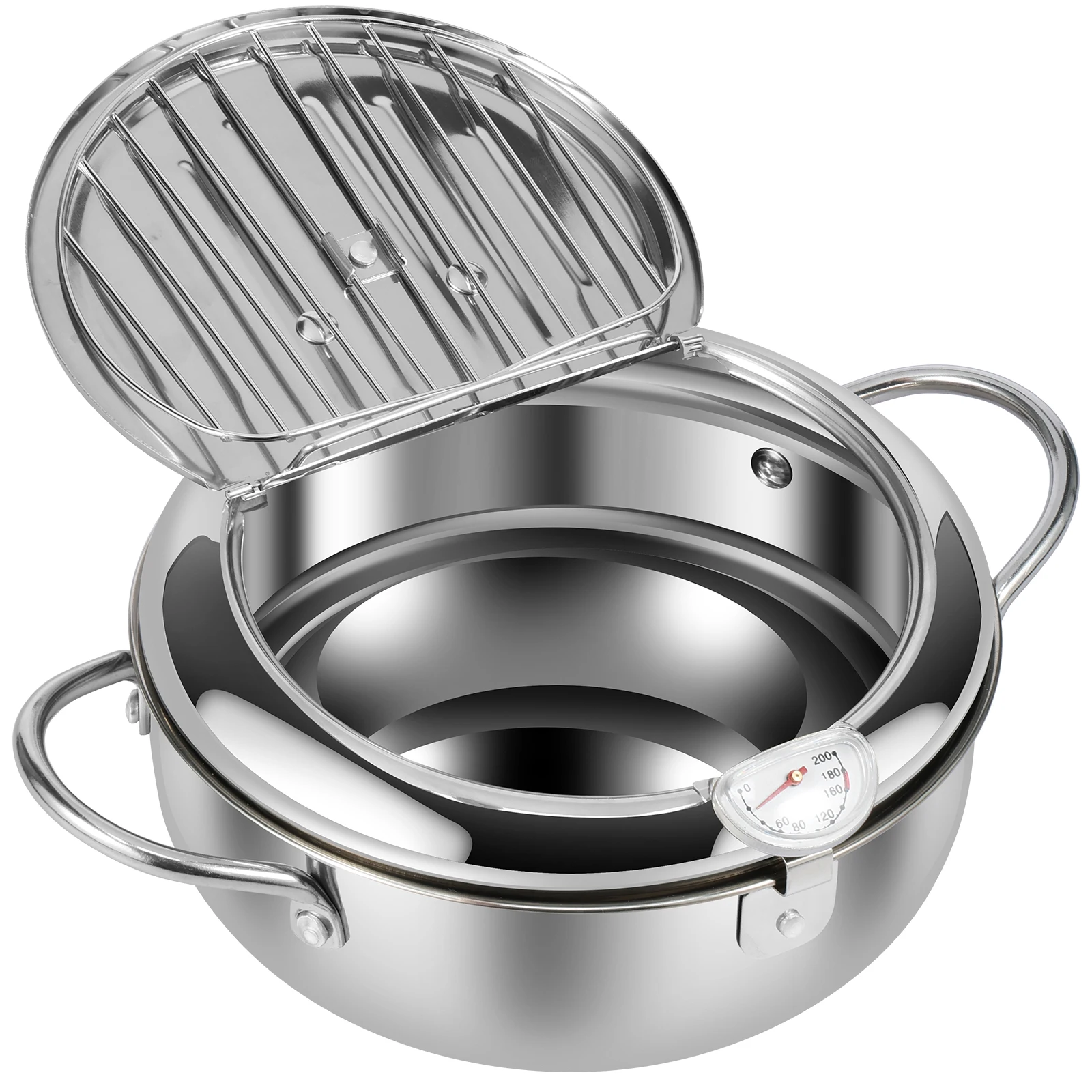 Deep Fryer Pot Strainer Basket Thermometer Stainless Steel Deep Frying Pot Handle 3 Sizes Oil Mini Fryer
