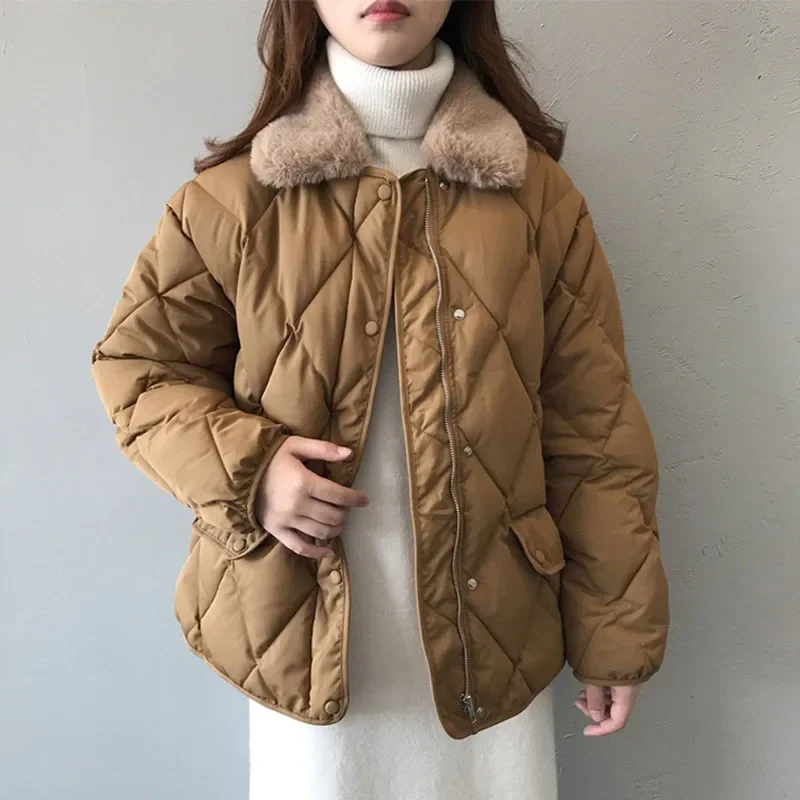 

Winter Women Parkas Thicken Warm Padded Jackets Casual Loose Coats Vintage Streetwear Long Sleeve Female Fur Collar Outerwear