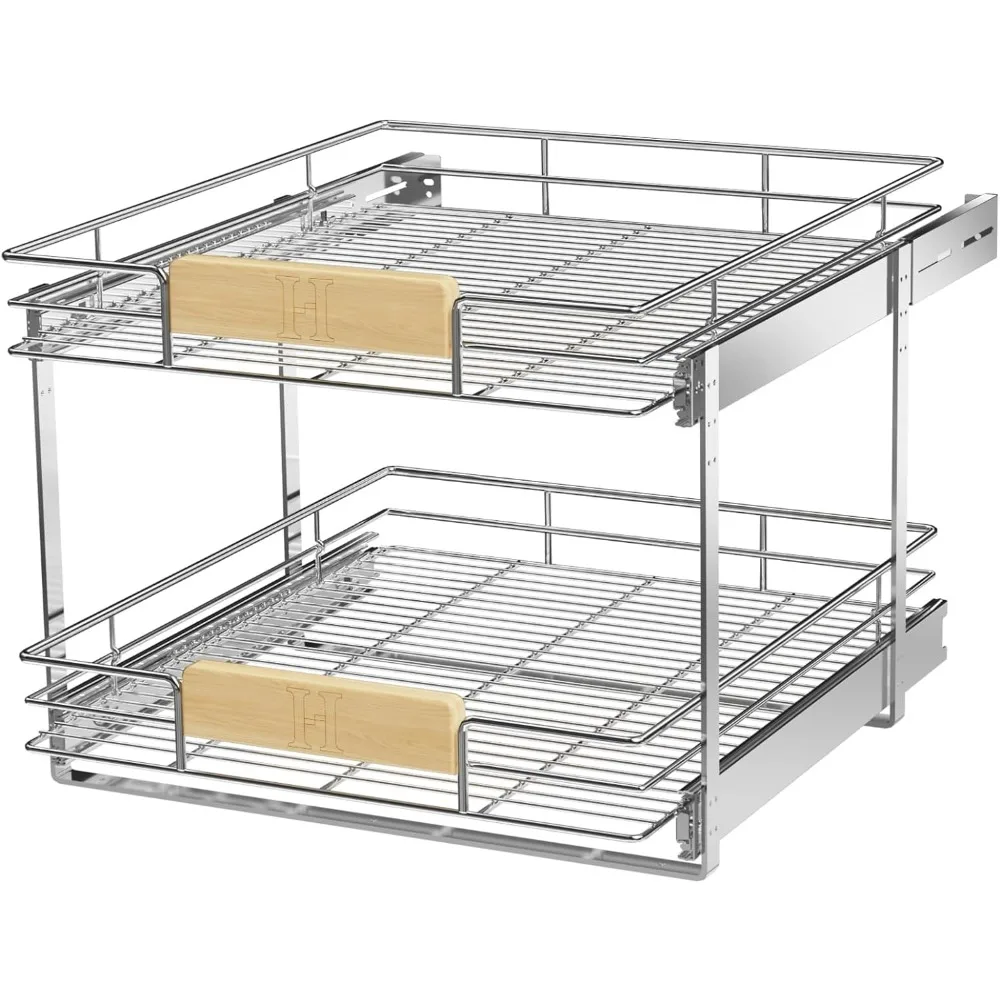 2 Tier Pull Out Cabinet Organizer 19&frac12;" W x 21&frac12;" D, Slide Out Drawers with Wooden Handle, Sliding Shelves Organization