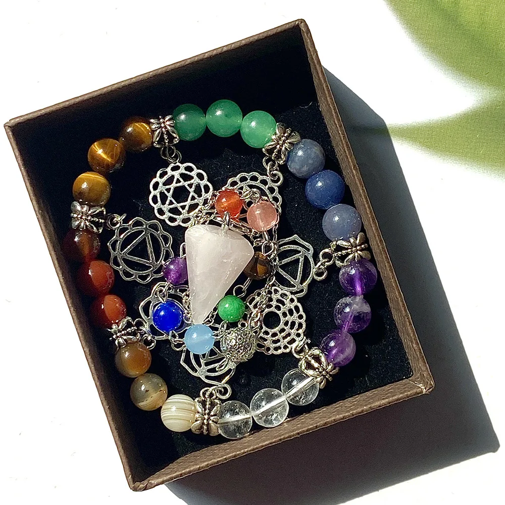 

Seven Chakra Bracelet Set, Natural Stone, Rose Quartz, Soul Pendulum, Crystal, Reiki Healing Gem, Jewelry Gift Box