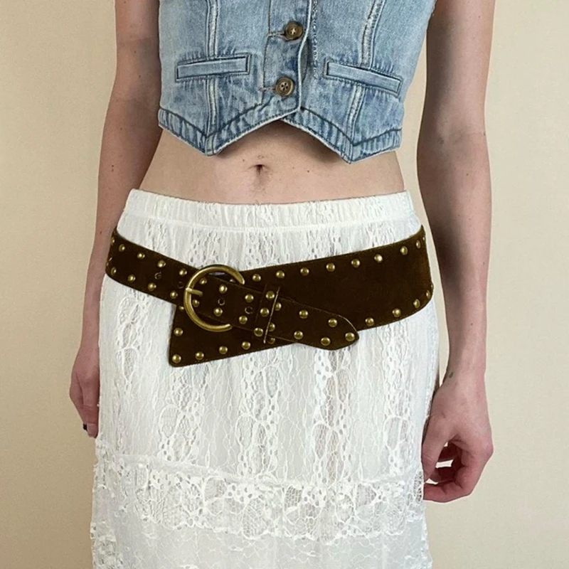 

Women Vintage PU Waistband with Studded Rivets Punk Waist Belt Prong Buckle Drop Shipping