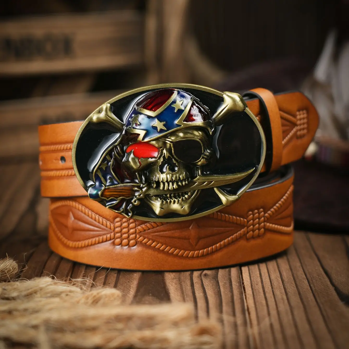 Ceinture Cowboy RESISTANCE Ceinture De Cowboy Sans Boucle Pour Homme | Sangle En Cuir De 3,8 Cm De Large | Ceinture Western Pour Jeans, Marron Rouille Floral Revolver Cowboy